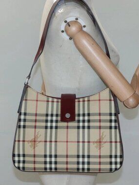 BURBERRY Nova Check Shoulder Bag PVC Leather Beige Auth KD337